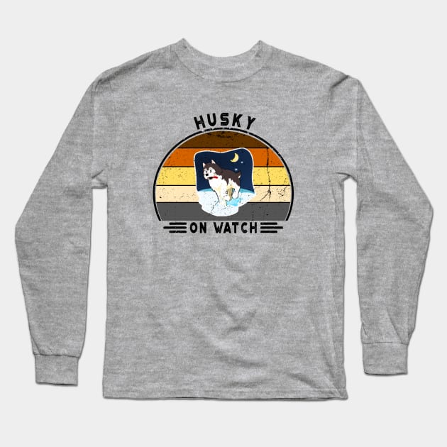 Husky On Watch. Perfect Funny Husky and Dogs Lovers Gift Idea, Distressed Retro Vintage Long Sleeve T-Shirt by VanTees